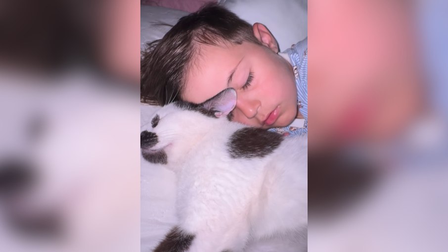Mesmo com calor, bebê não larga o gato durante a soneca