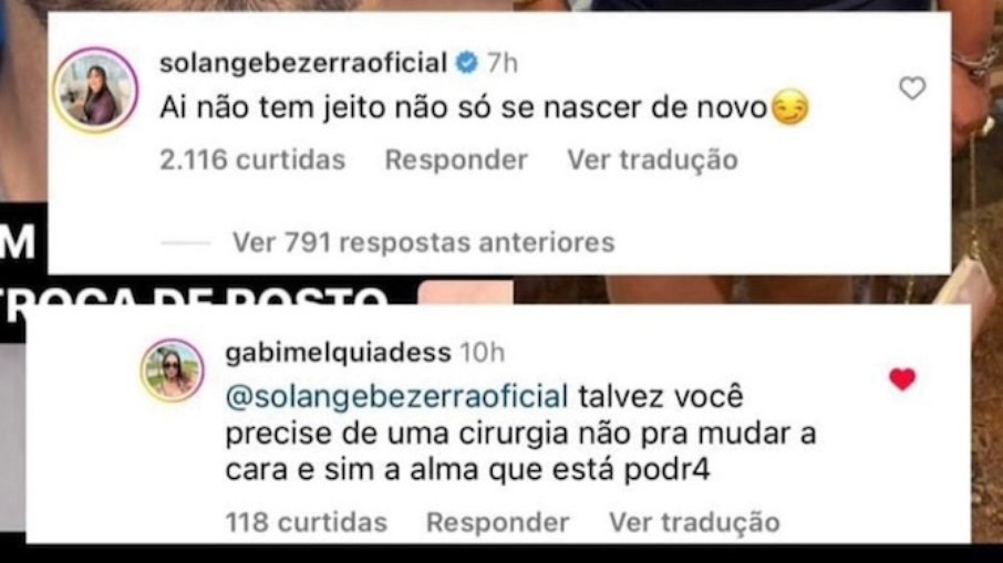 Print das mensagens de Gabi Melquiades e Solange Bezerra