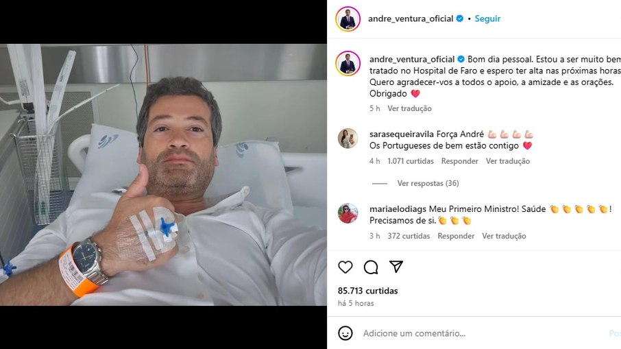 André Ventura está hospitalizado, mas passa bem. André Ventura está hospitalizado, mas passa bem.