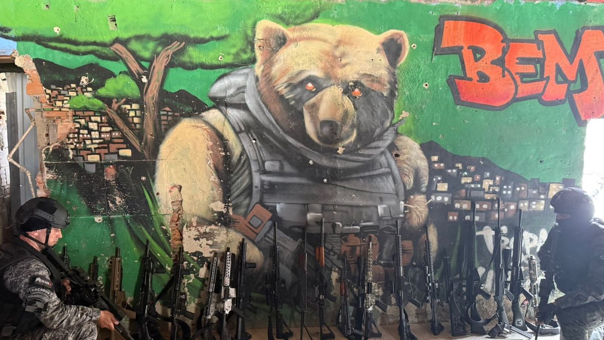 Fuzis apreendidos na mega-operação na Penha e Alemão - atrás das armas, uma pintura que faz alusão à 'Tropa do Urso'