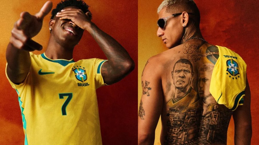 Vinicius Júnior e Richarlison participam da campanha de lançamento da nova camisa amarela da Seleção Brasileira.