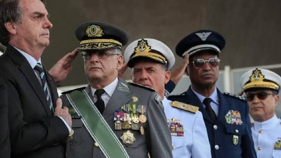 Militares das Forças Armadas batendo continência para o presidente Jair Bolsonaro