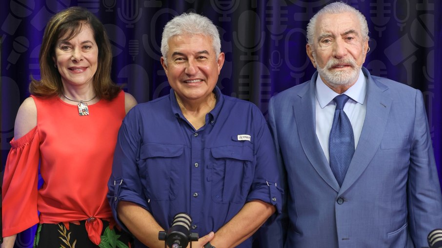 Senador Astronauta Marcos Pontes com a geneticista Mayana Zatz e o médico Silvano Raia no estúdio do AstroPontes Podcast
