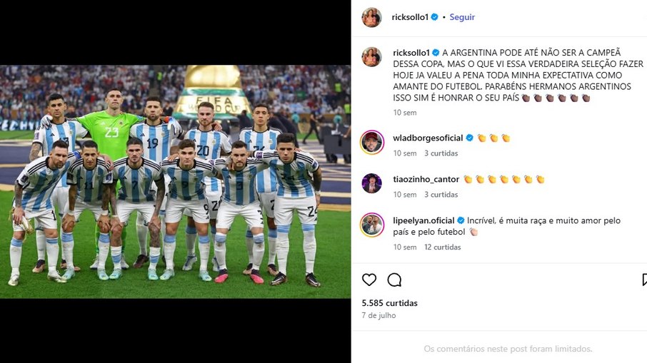 Rick reconheceu o esforço da Seleção Argentina durante a Copa Rick reconheceu o esforço da Seleção Argentina durante a Copa