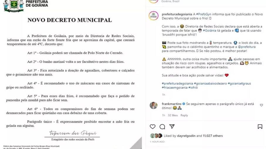 Prefeitura de Goiânia brinca com frio em Instagram