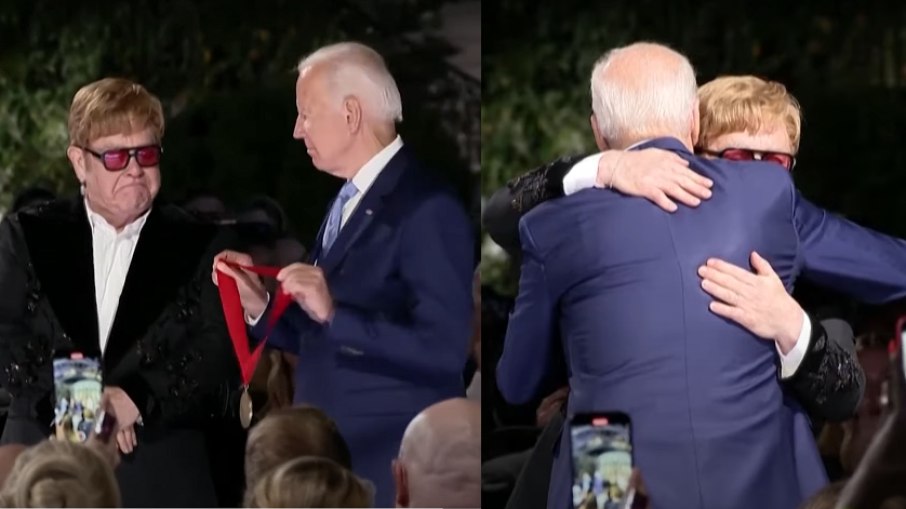 Elton John recebe medalha de honra das mãos do presidente Joe Biden