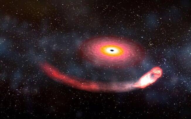 Ilustração de como seria o encontro cósmico entre um buraco negro e uma estrela de nêutrons.
