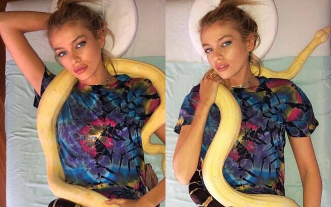 A modelo Stella Maxwell compartilhou imagens no Instagram em que aparece em uma sessão de massagem com cobras