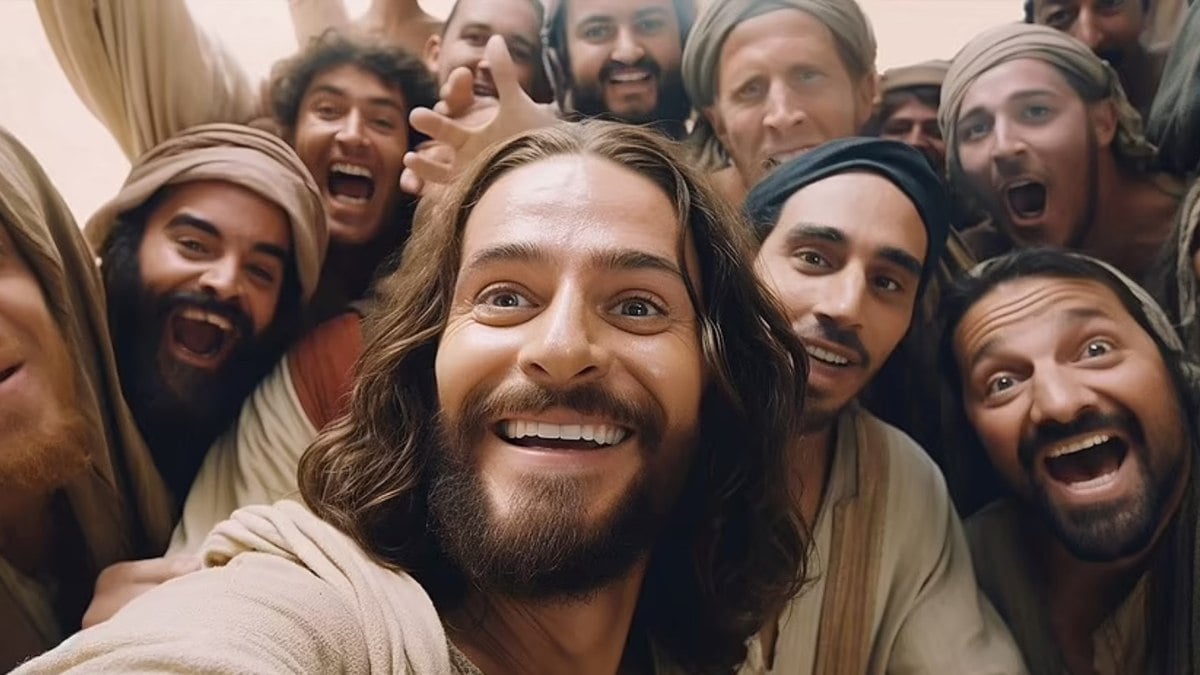 Selfie de A Última Ceia com Jesus tirando foto e alguns dos apóstolos sorrindo