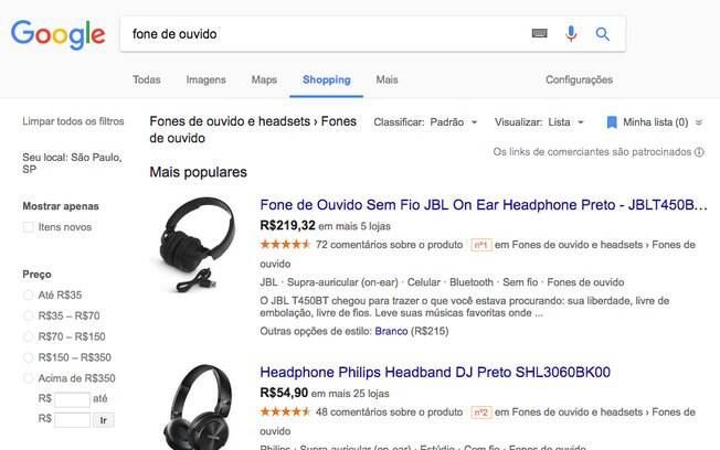 O comparador do Google oferece uma série de filtros, como preço, marca e loja em que um produto está sendo vendido