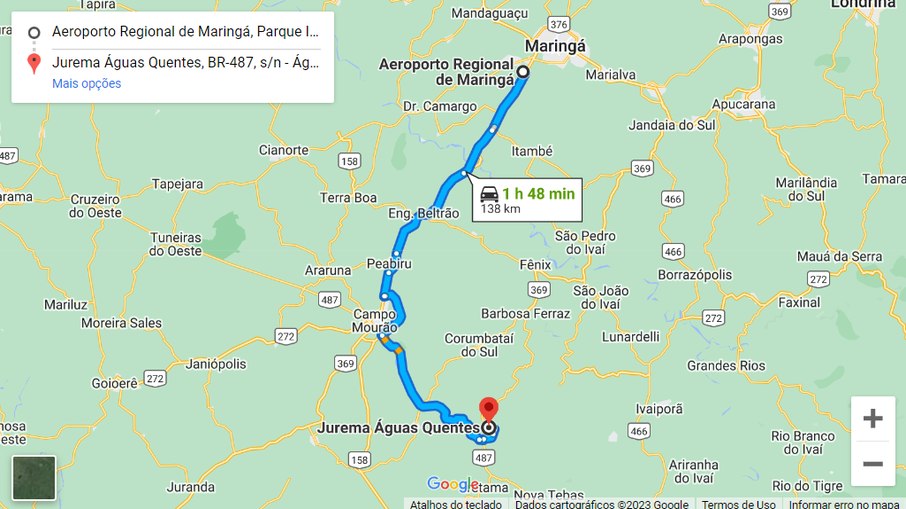 Mapa do caminho entre o aeroporto da cidade de Maringá e o complexo Jurema Águas Quentes