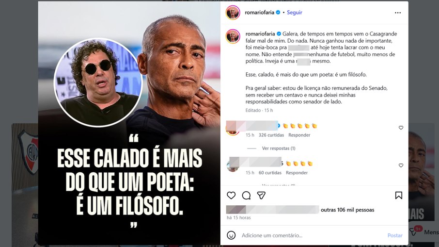 Romário respondeu Caragrande em postagem 