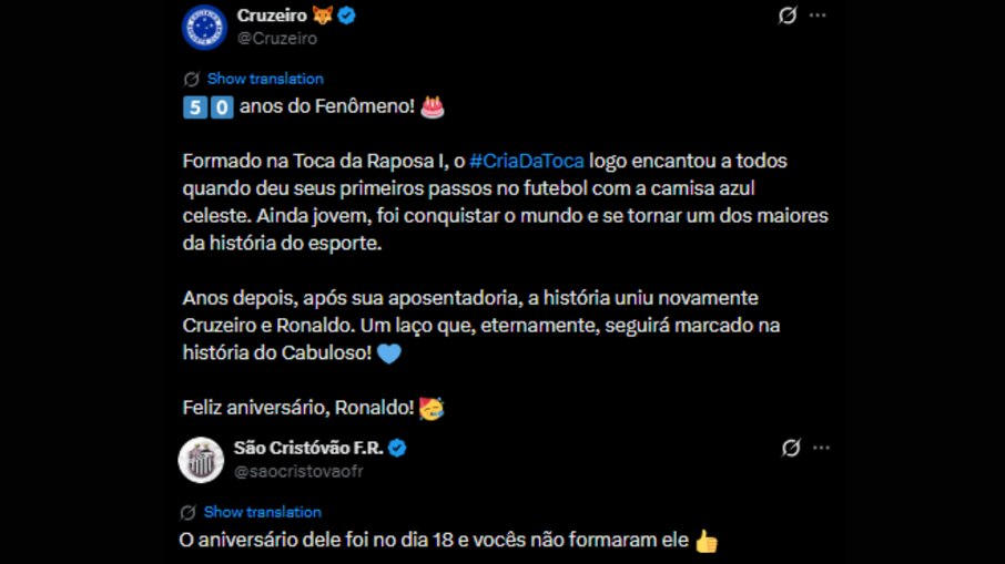Publicação do Cruzeiro celebrando o aniversário de Ronaldo e a resposta do São Cristóvão