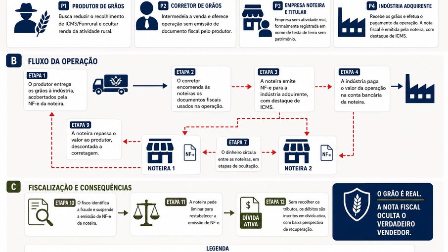 Corretor oferecia uma negociação mais vantajosa, utilizando uma empresa conhecida como “noteira” para documentar a saída dos grãos Corretor oferecia uma negociação mais vantajosa, utilizando uma empresa conhecida como “noteira” para documentar a saída dos grãos