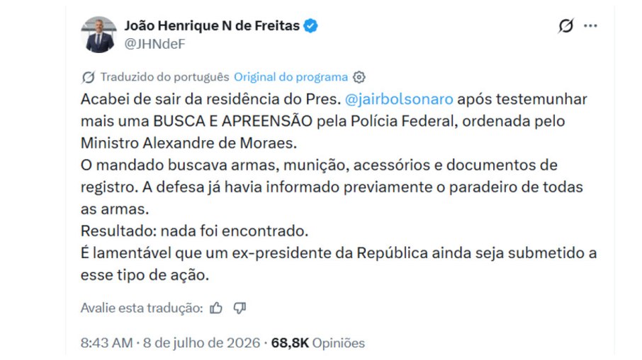 Membro da equipe de Bolsonaro afirma que PF não encontrou nada na residência