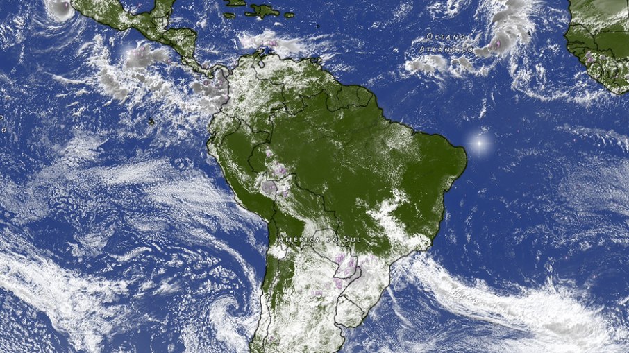 Imagem de satélite exibida pelo Windy mostra a distribuição de nuvens sobre a América do Sul e o Atlântico Sul Imagem de satélite exibida pelo Windy mostra a distribuição de nuvens sobre a América do Sul e o Atlântico Sul