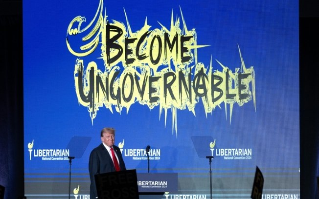 O ex-presidente Donald Trump na convenção nacional do Partido Libertário dos EUA em Washington, 25 de maio de 2024