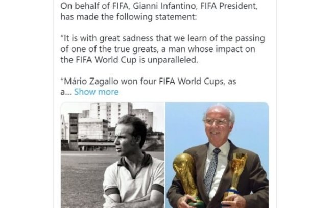 Fifa posta mensagem de pesar com fotos de Zagallo em duas épocas, enaltecendo suas taças 