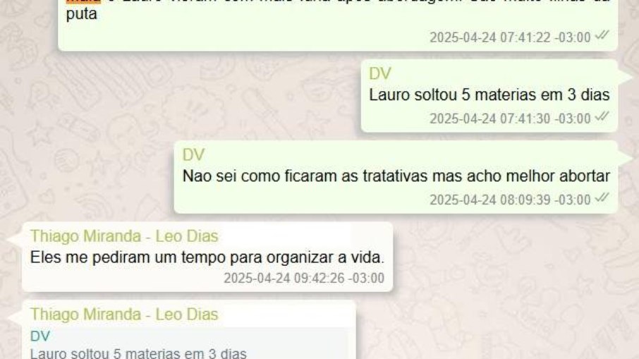 Troca de mensagens de Daniel Vorcaro com publicitário Thiago Miranda sobre Malu Gaspar
