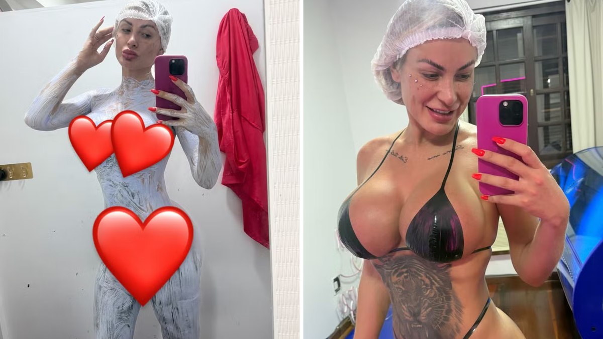 Andressa Urach posa nua com biquíni de fita