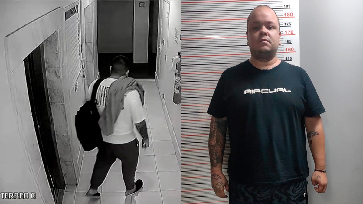 João Gustavo deixa prédio onde furtou em Campinas; à direita, momento da prisão. João Gustavo deixa prédio onde furtou em Campinas; à direita, momento da prisão.
