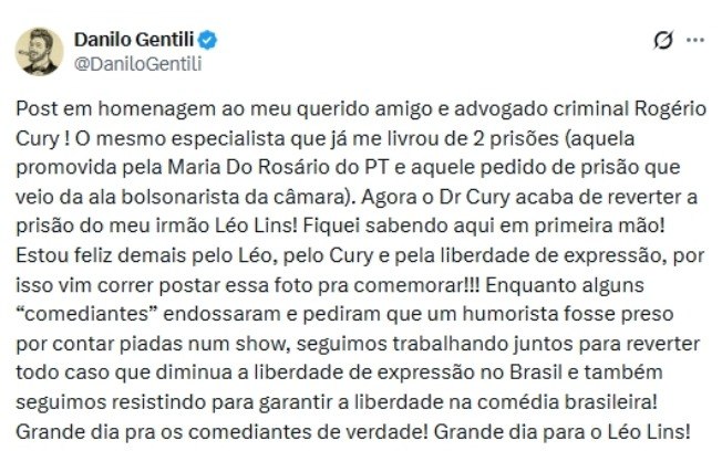 Danilo Gentili fez postagem comemorando a alteração na sentença de Leo Lins