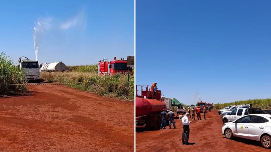 Equipes trabalham para conter o vazamento; gasolina jorra a metros de altura Equipes trabalham para conter o vazamento; gasolina jorra a metros de altura