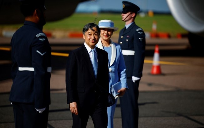 Emperor Naruhito and Empress Masako of Japan arrive at Stansted Airport, northeast of London, on June 22, 2024.