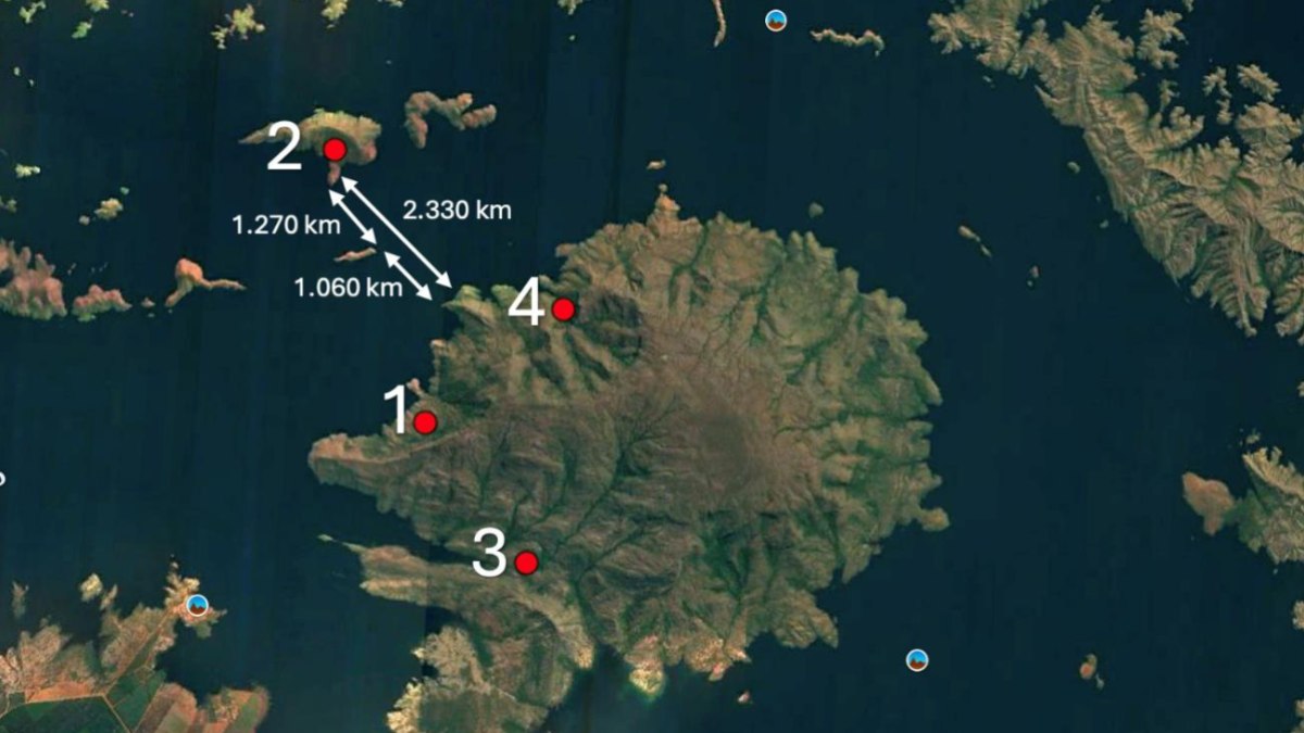 Simulação dos possíveis percursos, sendo 1 – primeiro registro da onça-pintada; e 2 – segundo registro; 3 e 4 – sem registros Simulação dos possíveis percursos, sendo 1 – primeiro registro da onça-pintada; e 2 – segundo registro; 3 e 4 – sem registros