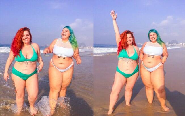 A modelo plus size e a amiga Raissa Galvão posam na praia e, na legenda, Isabella fala sobre a confiança no biquíni