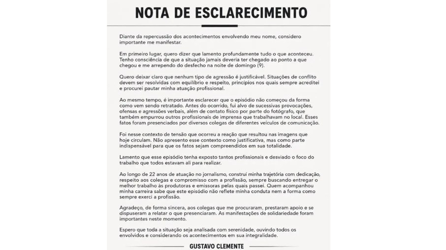 Gustavo Clemente emite nota Gustavo Clemente emite nota