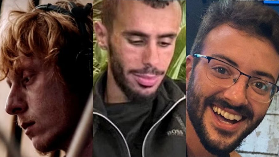 Israelenses Yotam Haim, Samar Talalka e Alon Shamriz (da esquerda para a direita) foram sequestrados pelo Hamas e mortos por engano pelo exército de seu próprio país