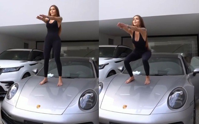 Fernanda Campos praticando agachamento sobre o Porsche 911 Fernanda Campos praticando agachamento sobre o Porsche 911