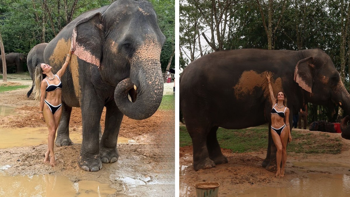 Flávia Viana impressiona ao posar de biquíni ao lado de elefante em santuário na Tailândia