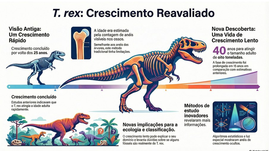 Infográfico resume a reavaliação do crescimento do Tyrannosaurus rex, mostrando que o dinossauro levou cerca de 40 anos para atingir o tamanho adulto Infográfico resume a reavaliação do crescimento do Tyrannosaurus rex, mostrando que o dinossauro levou cerca de 40 anos para atingir o tamanho adulto