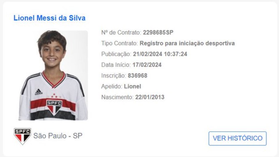Lionel Messi da Silva é registrado no BID Lionel Messi da Silva é registrado no BID