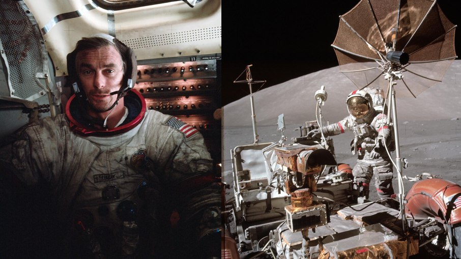 Eugene Cernan, comandante da Apollo 17, em registros que mostram do interior do módulo lunar à última missão tripulada da humanidade a caminhar na Lua.