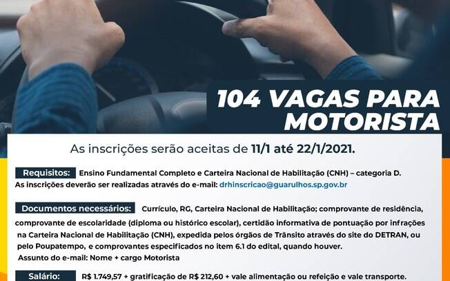 É necessário ter ensino fundamental completo e CNH categoria D. É necessário ter ensino fundamental completo e CNH categoria D.