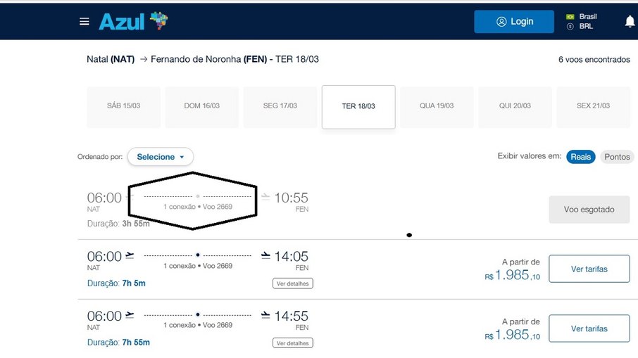 No site da Azul não há voo direto em várias datas de fevereiro