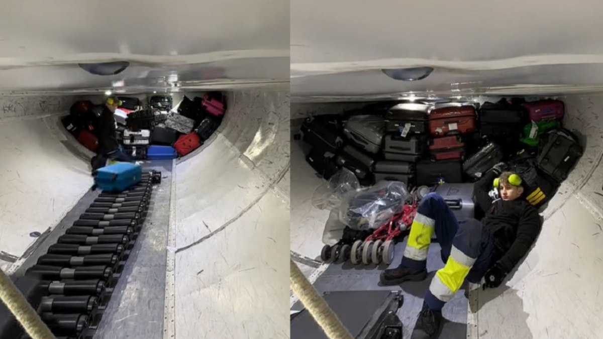 Vídeo mostra funcionário organizando as malas dentro do compartimento interno, conhecido como 'barriga' do avião. Vídeo mostra funcionário organizando as malas dentro do compartimento interno, conhecido como 'barriga' do avião.
