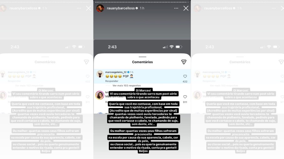 Esposa de Hugo detona postura de Marcos sobre episódio racista