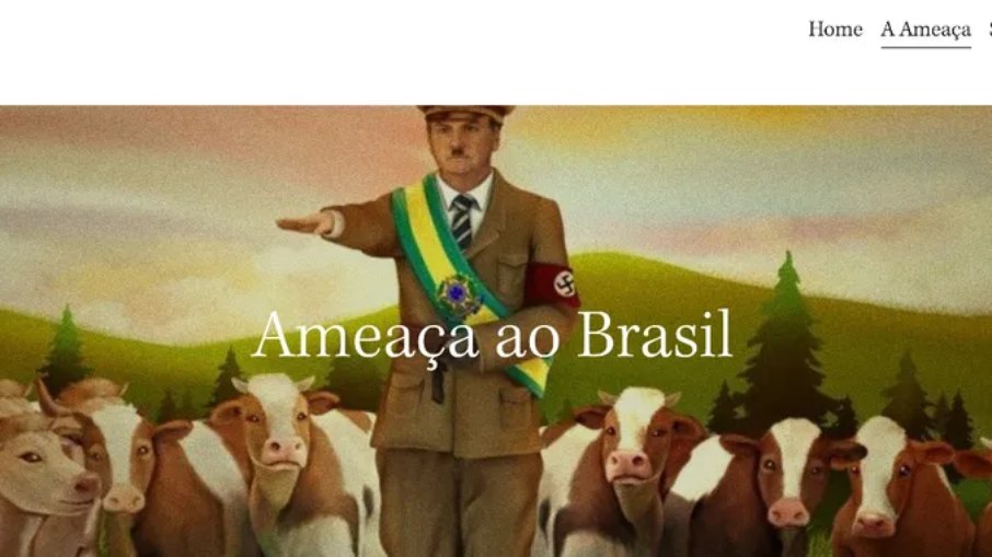 Site com nome em domínio de Bolsonaro mostra charge do presidente representando com características de Hitler e vários bois ao seu redor