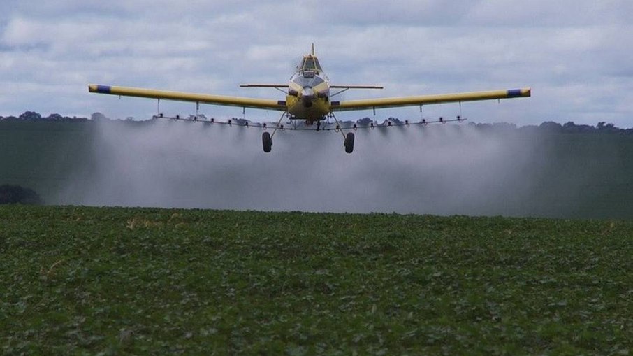 Agricultores despejam agrotóxico de forma aérea em lavoura 