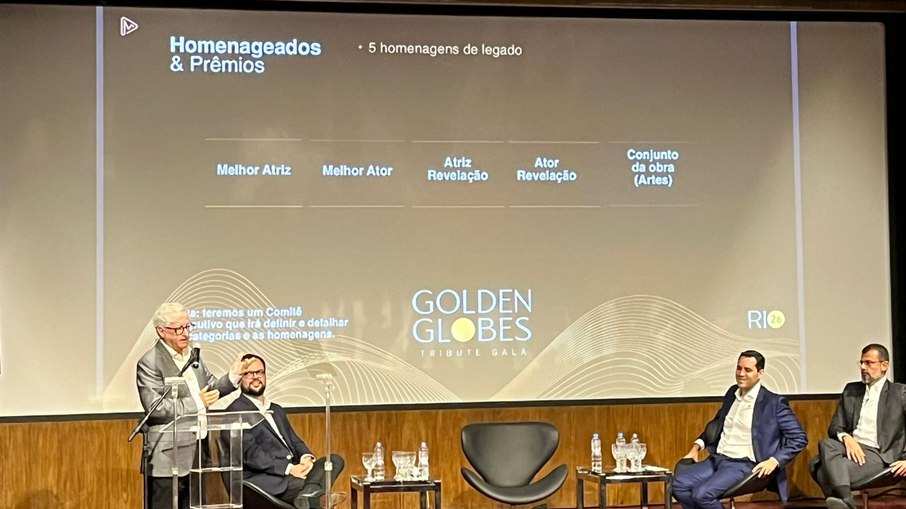 O produtor Uri Singer anuncia os prêmios que serão entregues durante o Golden Globes Tribute Gala, em coletiva na Cinemateca do MAM.
