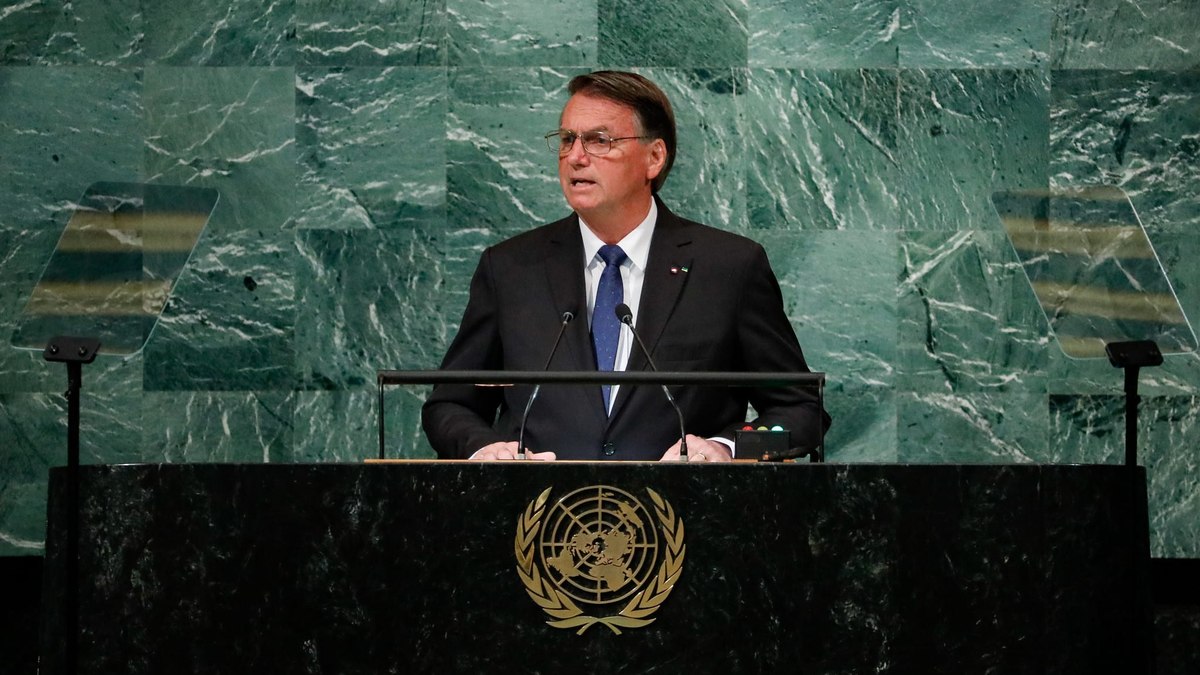 Presidente Jair Bolsonaro (PL) discursando na Assembleia Geral da ONU