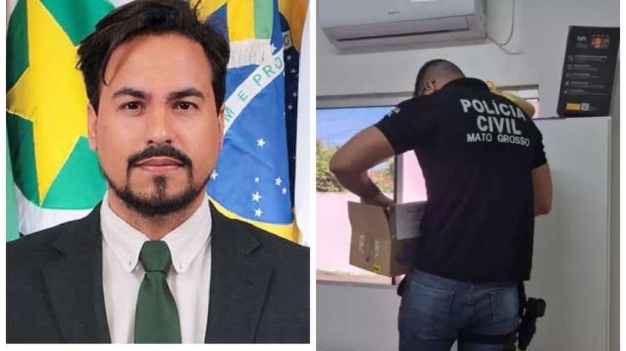 O vereador Dr. Thiago (PL); policial cumpre mandado de busca e apreensão O vereador Dr. Thiago (PL); policial cumpre mandado de busca e apreensão