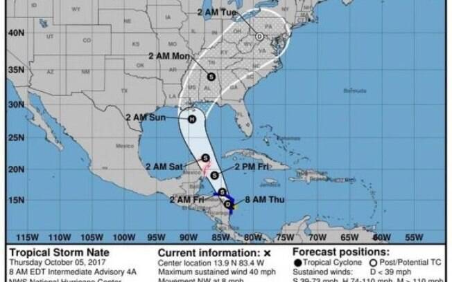 A tormenta Nate poderá se tornar o 14º furacão na temporada deste ano no Oceano Atlântico