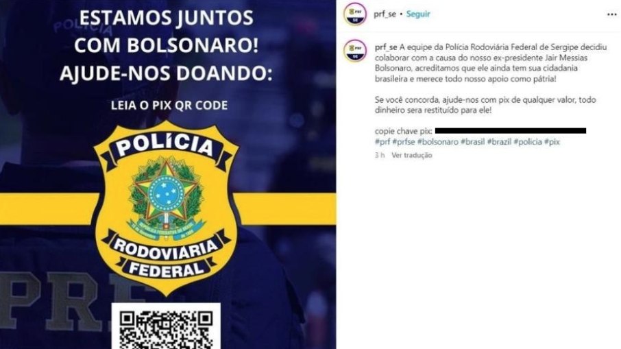 Publicação feita no perfil da PRF de Sergipe pedindo dinheiro para o ex-presidente Jair Bolsonaro (PL); corporação diz ter sido vítima de ataque hacker