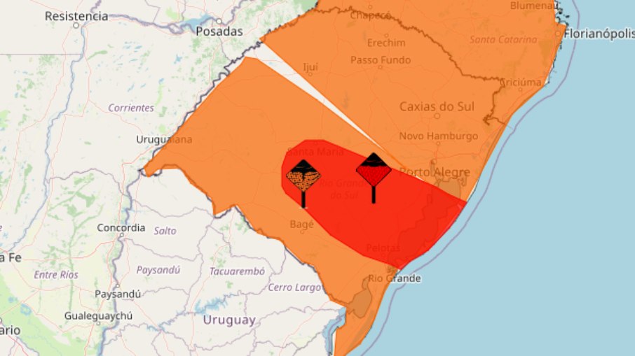 Região em vermelho recebe alerta de atenção para chuva superior aos 100 milímetros em 24 horas