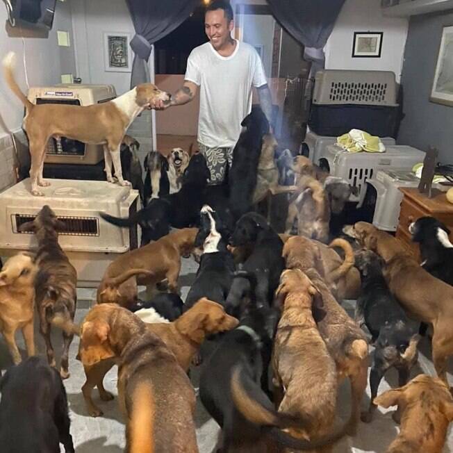 Ricardo e alguns dos 300 cães